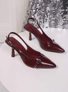 Ladies High Heel Pumps, New Spring/Summer Pointed Toe High Heels, Sexy Stiletto Wine Red Patent Leather High Heels, Strap Buckle Sandals, Backstrap High Heel Shoes, Fashion Buckle Sandals
