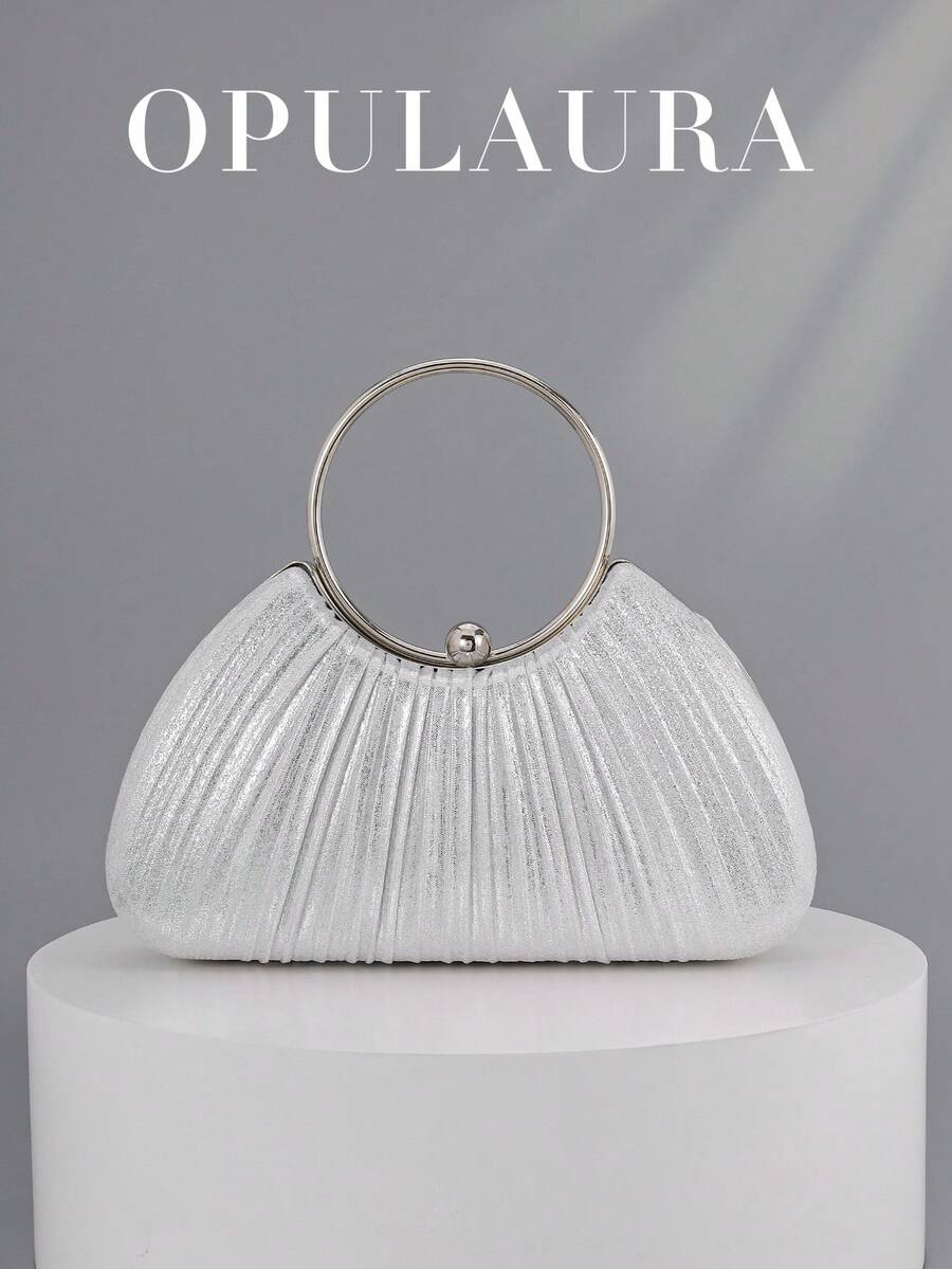 OpulAura 女士金属魅力晚宴包，奢华皮革手拿包，适合宴会、庆典、舞会、婚礼、伴娘、生日礼服配饰 - 銀色 - 查看 1