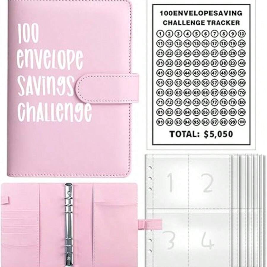 KKC 100 Envelopes Money Saving Challenge - A5 Money Saver Budget Binder Book With Cash Envelopes And Numbers, 100-Days Of Easy And Funny Ways To Save $5,050 Cash Envelope Challenge Binder - Hồng - Xem 1