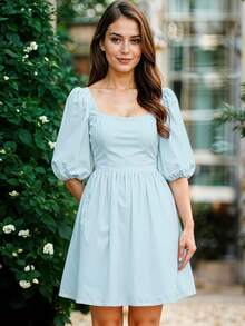 Vestido Corto de Escote Cuadrado con Manga Abullonada Casual para Mujer - Azul y blanco - Ver 3