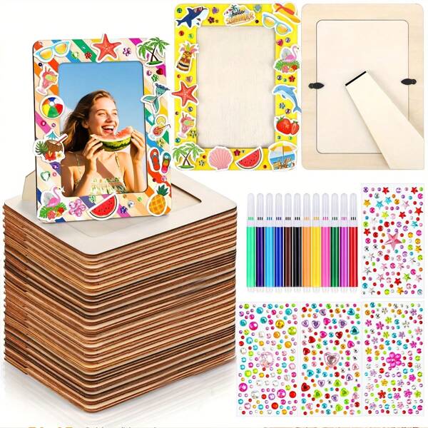 8/9 Piece Wooden DIY Photo Frame Set - Handmade, Includes 1/2 Pieces Photo Frame, 1 Sheet Of Diamond Stickers And 6 Color Pens, Suitable For Home Decor, Weddings, Birthday Gifts And Back To School Season And Christmas Gifts