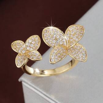 1pc Fashionable Flower Design Cubic Zirconia Adjustable Ring For Women