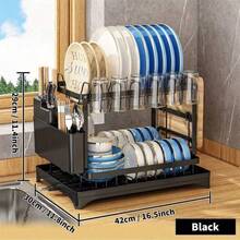 2 Tier Kitchen Sink Dish Drainer Rack With Drip Tray Cutlery Holder Plate Rack,Kitchen Accessaries,Dish Drying Rack,Plate Rack,Multi-Function Dish Rack, Kitchen Rack, Drain Sink, Bowls, Chopsticks, Cups & Plates & Knives Storage Rack Holder, Carbon Steel, Large Capacity - Multicolor - View 4