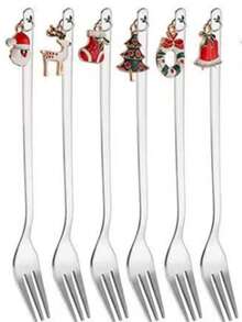 6PCS不锈钢圣诞勺高美咖啡勺甜品勺叉跨境圣诞挂件勺叉手持礼物精美圣诞节咖啡勺水果叉餐具套装 - 彩色 - 查看 14