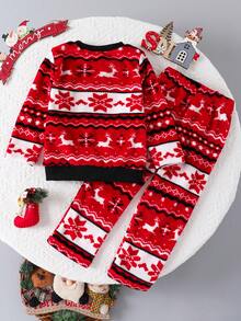 2 pezzi Set di top a maniche lunghe con girocollo e pantaloni con stampa di fiocchi di neve e renne, per bambini di 3-7 anni, adatto per vacanze, casual, studenti