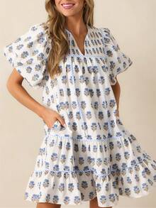 Women Boho Ruffle Sleeve Mini Dress Summer  Floral Print Short Sleeve V Neck Cute Babydoll Loose Flowy Dress - Baby Blue - View 3