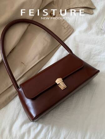1pc Retro Underarm One Shoulder Bag For Women, PU Leather With Metal Flap Closure Baguette Bag