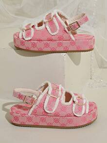 女士圆头厚底复古花卉印花厚底一脚蹬沙滩凉鞋，时尚百搭 - 粉色 - 查看 7