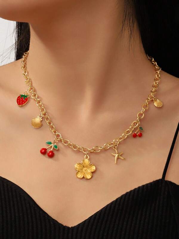 1 pièce Nouveau collier pendentif personnalisé avec éléments mélangés de fleurs, cerises, fraises et coquillages pour l'été. Convient pour la plage, les vacances, les fêtes et les festivals de musique. La longueur de la chaîne peut être personnalisée.
