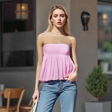 Women Sexy Strapless Ruffle Hem Tube Top Summer Solid Sleeveless Backless Tube Top Pleated Peplum Flowy Bandeau Top - Pink - View 6