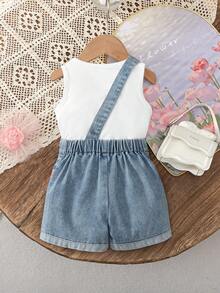 2 件套女婴休闲百搭蝴蝶结印花无袖上衣 + 可爱休闲蝴蝶结刺绣牛仔背带裤 - 白色 - 查看 2