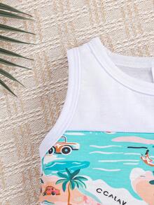 3 件套时尚男婴树叶和汽车印花衬衫、印花短裤和帽子套装，夏季 - 淺藍色 - 查看 4