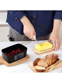 1 Piece Of Butter Dish, With Bamboo Lid, Multi-Functional Butter Dish, Ceramic French-Style Butter Plate, Suitable For Spreading Soft Butter, Equipped With A Waterproof Sealed Butter Container Stand, Very Suitable For Kitchen Baking And As A Gift. Sealed Butter Container Lid, Suitable For Kitchen Countertop Or Refrigerator Use, Household Kitchen Utensil.