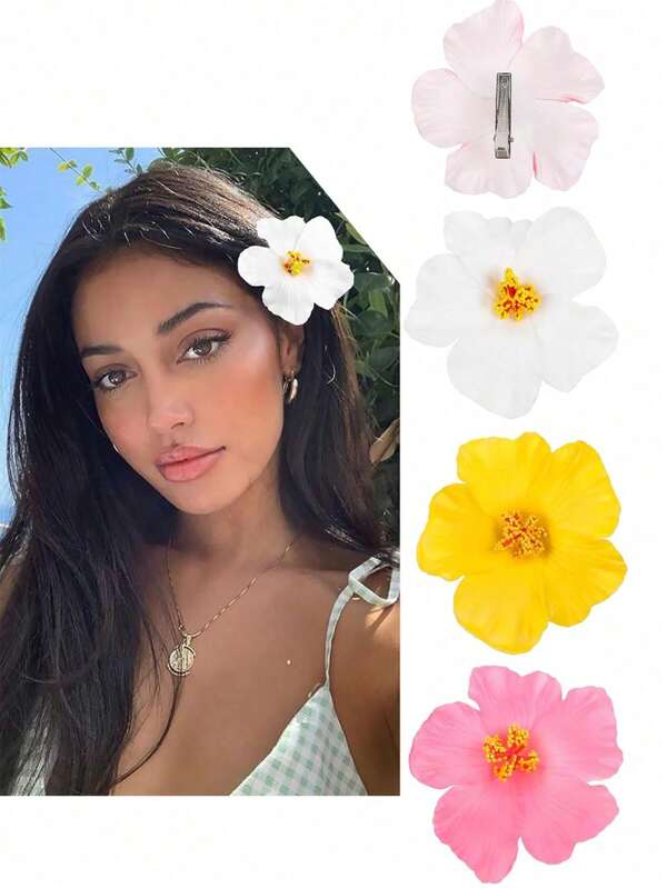3/6pcs Set Hibiscus Hair Clips, Elegant Solid Color Flower Hair Clips, For Women Beach Holiday Hair Accessories, Wedding Party Essentials, Hawaiian Plumeria Tropical Party Decorations, Beach Pool Travel Headwear, Bridal Wedding Dress (Pink, Yellow, White)