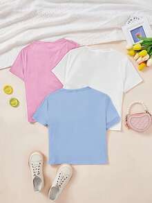 Conjunto de 3 piezas informal y minimalista para mujer con estampado de mariposa y flor, camiseta de cuello redondo, manga corta para verano - Blanco - Ver 2