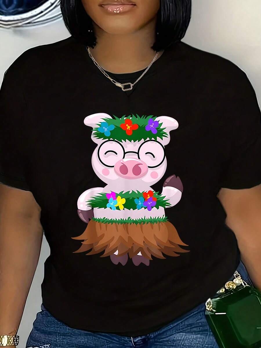 Crazy Print T-Shirt Soft,Breathable,Coquette Round Neck Short Sleeve 220g - Black - View 1