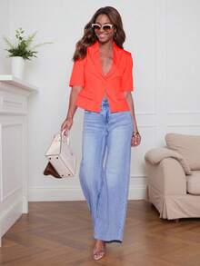 Women's Short Sleeve Blazer Jacket, Elegant Office Commute Simple Preppy Casual Tops With Buttons And Fake Pockets, Hot Pink/Black/White/Yellow/Burnt Orange, Suitable For Dates, Gatherings, Commuting, Holidays, Office, Daily Wear, Dates, Airport Outfits, Lightweight And Comfortable - Burnt Orange - View 5