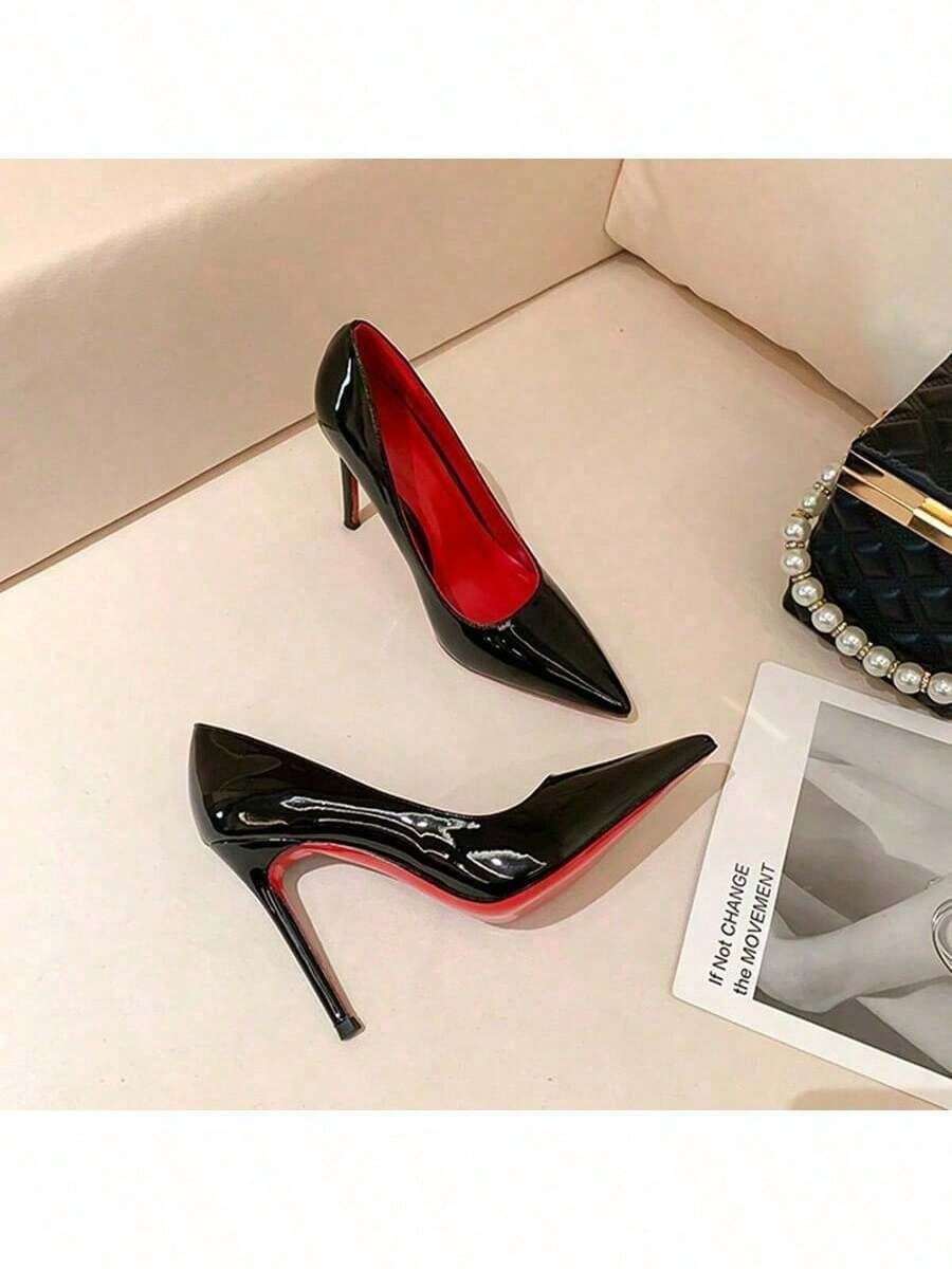 Women's Summer Red-Bottomed Stiletto Heels Pure Desire Style Single Shoes Casual Versatile Commuting High-Heeled Single Shoes - 黑色-9cm - 查看 1