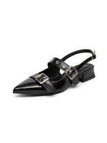 Women's, All - Season Adaptable, Black Patent Leather Buckle Backless Shoes, Square Heel No Fatigue, Workplace Commute Ritual, Patent Leather Material, Sleek & Sharp Shoes - Black - View 10