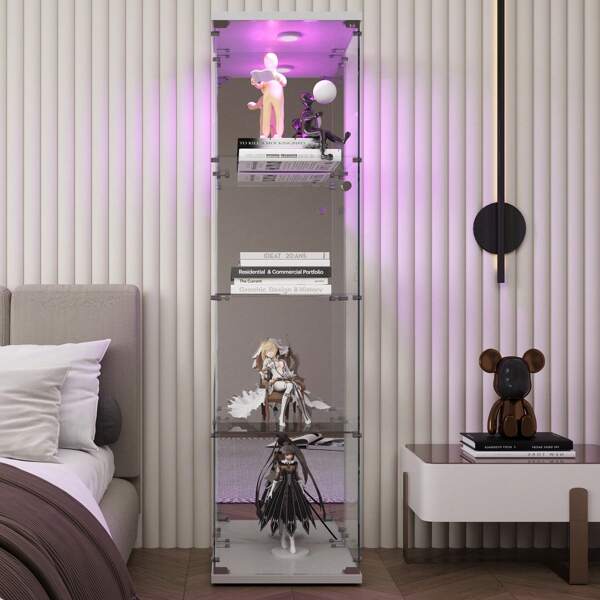 Vetrina luminosa in vetro, cantinetta porta vino con 4 ripiani in vetro, vetro temperato, vetrina per bar e soggiorno, con serratura, stile moderno, bianco - 164 x 42 x 36 cm