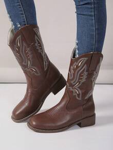 女士时尚方头刺绣套穿舒适西部靴，加大码及膝靴，秋冬款