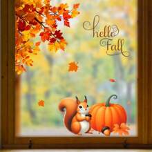 秋季松鼠和枫叶窗贴 - “你好秋天”或“感恩节快乐”文字自粘秋季装饰，暖色调，适用于客厅、卧室、走廊 - 耐用塑料季节性家居装饰，秋季家居装饰，节日房间装饰，秋季主题艺术品，易于粘贴的贴纸，舒适的秋季主题，高品质 PVC，DIY 爱好者