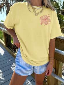 Oversized Y2k Graphic T Shirt For Women Teens Girl Floral Shells Starfish Butterfly Print Short Sleeve Baggy Tee Shirts Loose Fit Vintage Aesthetic Coastal Tops Summer Beach Vacation Preppy Going Out Tops Streetwear - 黃色 - 查看 2