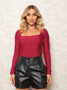 Body Feminino Manga Longa Tecido Suplex | Decote Quadrado Chic