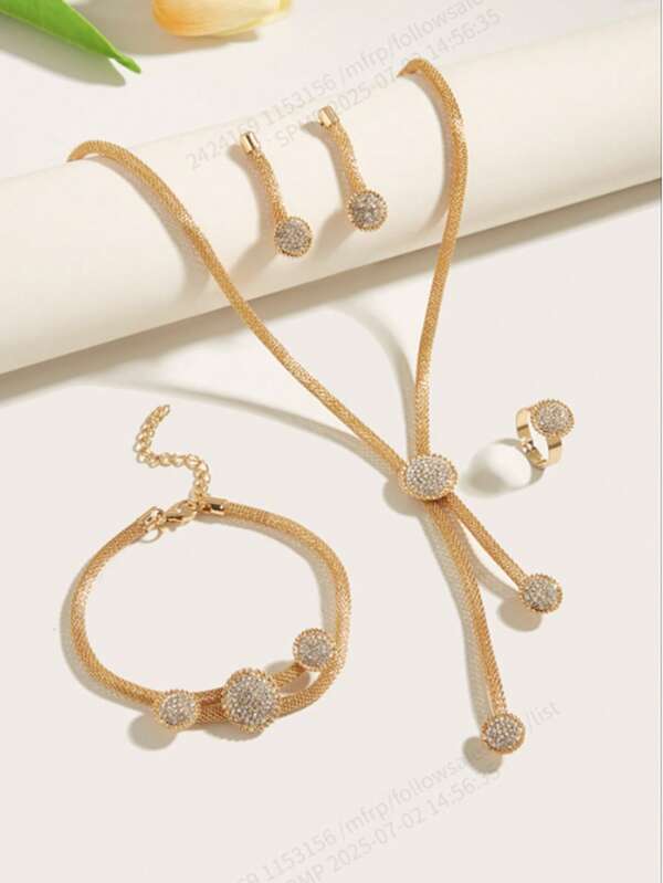 5pcs/Set School Graduate Style Jewelry Set, Mesh Chain Rhinestone Decor Necklace, Bracelet, Ring, Earrings For Women, Casual & Party