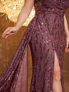 [随机印花] UNITHORSE Plus 女士抹胸褶饰胸背带设计飘逸开衩优雅晚礼服 - 中紫紅色 - 查看 4