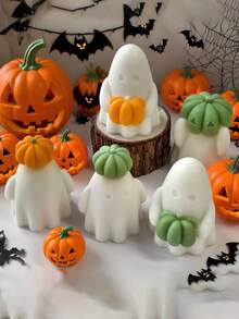 Molde de silicona con diseño lindo de fantasma sosteniendo una calabaza, molde para velas de aromaterapia de interior, decoración artesanal y regalos, molde de yeso y resina - Blanco - Ver 4