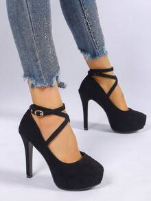 Women's Fashion Outdoor Black Criss-Cross Buckle Strap Super High Heel Pumps - Black - View 3