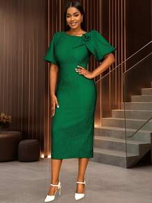 Bodycon Jacquard Elegant Party Graduation Dresses Short Lantern Sleeves 3D Flower Skew Collar Date Out For Birthday, Wedding Guest, Graduation, Dinner, Homecoming - Green - View 1