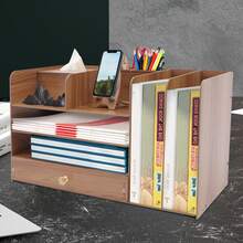 Wooden Desk Organizer 4-Tier - Load Capacity 4kg With Rabbit Phone Holder & Drawer - Cherry Wood Top (48x23x28cm) - 咖啡棕 - 查看 2