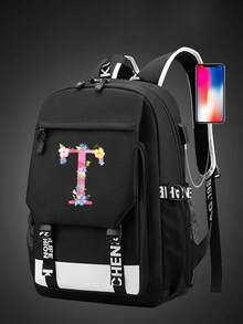 1 件带充电端口的字母图案印花功能性尼龙背包，男女皆宜，适合高中生和大学生、旅行和度假使用（字母从 A 到 Z）