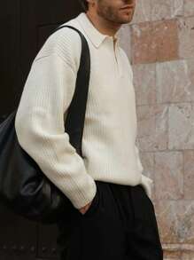 OFFICEAU Men's Ribbed Knit Sweater, Casual Loose Pullover Polo Neck Knitwear Top, Autumn/Winter, Old Money - Apricot - View 3