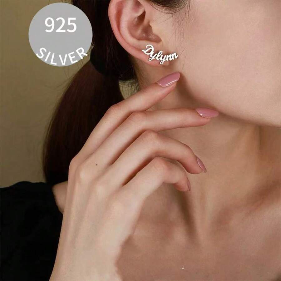 925 Silver DIY Customized Name Earrings Customized English Letter Earrings LOGO Pattern Engraved Men's And Women's Earrings - Silver - View 1