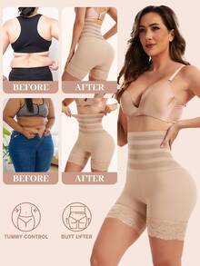 JUQDNX Lace Trim Shaping Panties To Lift & Shape Buttocks, High Support Solid Color Polyester Knit Fabric Hollow Jegging, Womens Underwear & Shapewear For Smooth Silhouette - 杏色 - 查看 4