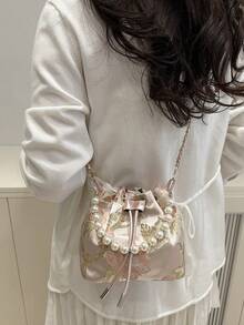 1 件带链条、刺绣和珍珠装饰的抽绳封口面料印花水桶包，可爱花卉单肩手提包，斜挎口红袋，时尚礼品袋，适合女士派对、晚装、日常使用 - 粉色 - 查看 6