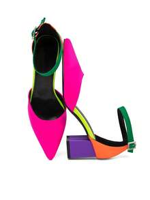 女士霓虹撞色尖头踝带粗跟高跟鞋，撞色设计，活力四射，适合派对、夜店、时尚活动等场合，大胆时尚，是春、夏、秋季的理想之选。如果您的脚型偏瘦，请选择比标准尺码小一码的尺码。 - 彩色 - 查看 9