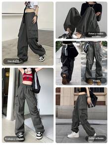 Pantalón largo cargo para dama, pantalones cargo jogger de alta elasticidad y pantalones casuales sólidos para mujer, estilo urbano con cintura alta y cordón ajustable, pierna ancha y bolsillos grandes, en color negro o gris, cómodos, elásticos y ligeros - Gris - Ver 9