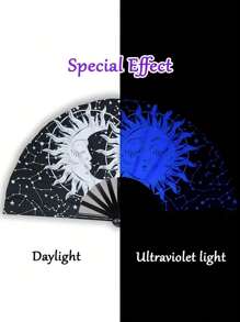 13 Inch Fluorescent Folding Fan - Glow-In-The-Dark Gothic Sun & Moon Constellation Design, Vibrant Rainbow & Leopard Print Fan,Large Black PP Material For Halloween, Raves, Clubs, Concerts, Themed Parties, Cosplay, Costume Props, Gifts, And Dance Events, Halloween Decorations, Without Battery