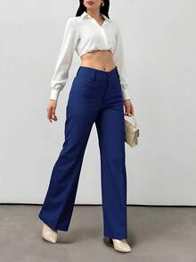 LIU ME Women's Tailored Trousers With Fake Pocket – High Waist And Wide Leg Pants - Navy Blue - View 2
