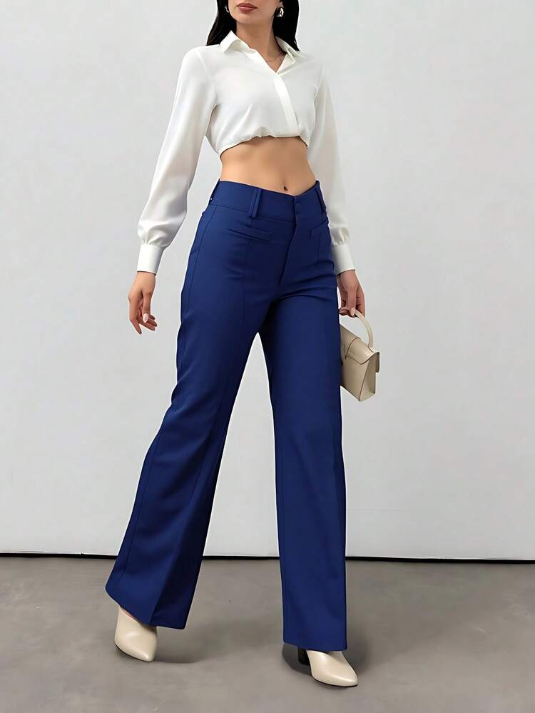 LIU ME Women's Tailored Trousers With Fake Pocket – High Waist And Wide Leg Pants - Navy Blue - View 2