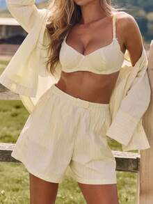 秋季女士休闲条纹衬衫和短裤两件套梭织套装 - 黃色 - 查看 5