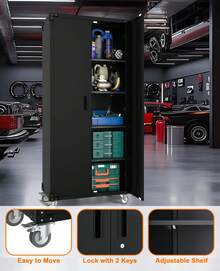 Studyset Metal Storage Cabinet 72" H With Wheels,Garage Storage Cabinet With 2 Doors And 4 Adjustable Shelves,Steel Tool Cabinet With Lock And Lockable Rolling,Storage Organization For Home,Garage,Office - Black - View 4