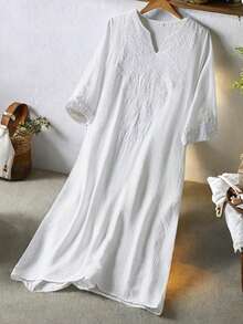 Womens Linen Dress Lightweight Long Sleeve V Neck Embroidery Loose Dress Summer Midi Dress - 白色 - 查看 1