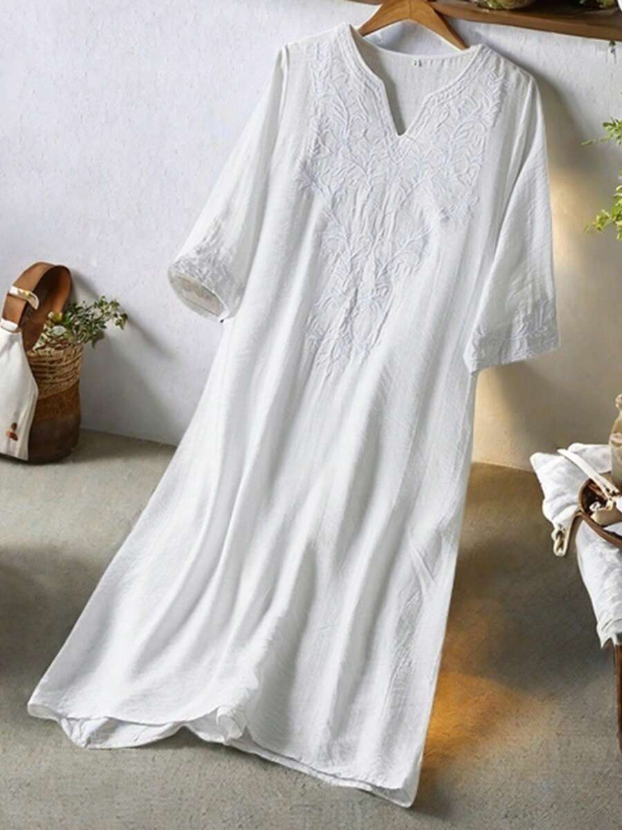 Womens Linen Dress Lightweight Long Sleeve V Neck Embroidery Loose Dress Summer Midi Dress - 白色 - 查看 1