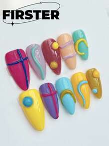 10 件可爱手工按压式可穿戴美甲，3D 手绘线条图案设计，杏仁色多巴胺美甲，美甲创意趣味全覆盖假指甲产品按压式指甲美甲用品指甲 - 彩色 - 查看 12