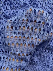 女士亮蓝色沙滩连衣裙，波西米亚性感镂空露背长袖钩针罩衫连衣裙，春夏款 - 藍色 - 查看 10